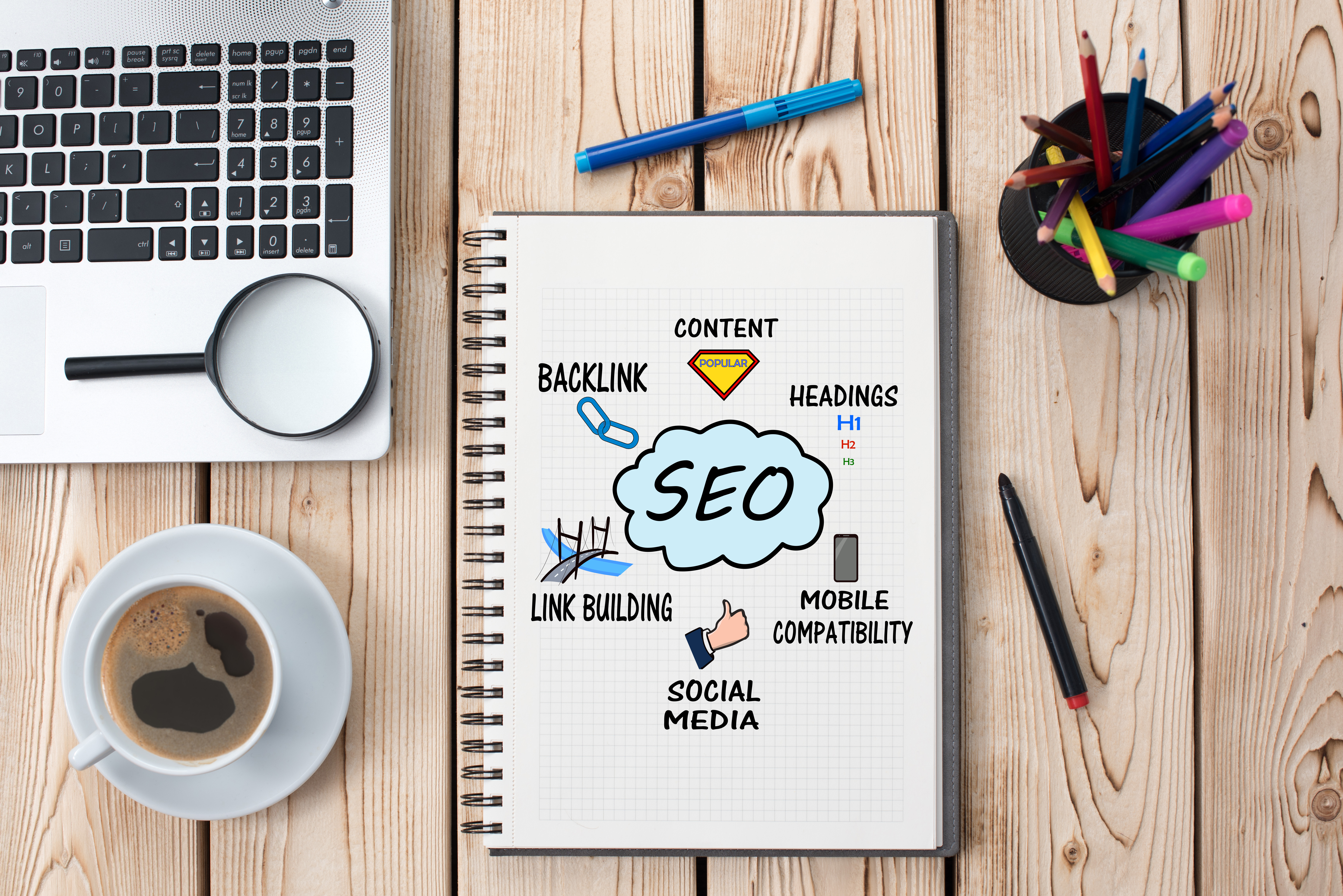 A notepad with SEO tips on it.